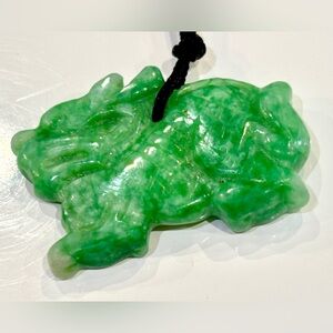Vintage Green Jade Dragon Pendant on Black Rope Necklace